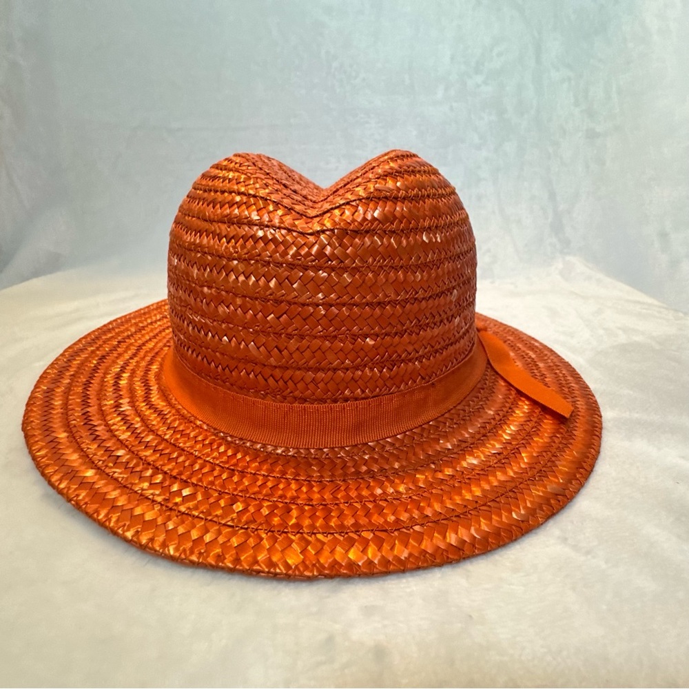 Betmar Vintage Orange Straw Sun Beach Hat Cowboy Western Style Bow Italy EUC